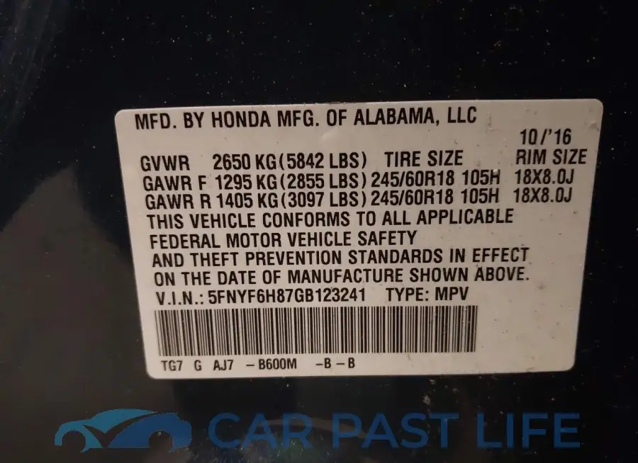 5FNYF6H87GB123241# 9