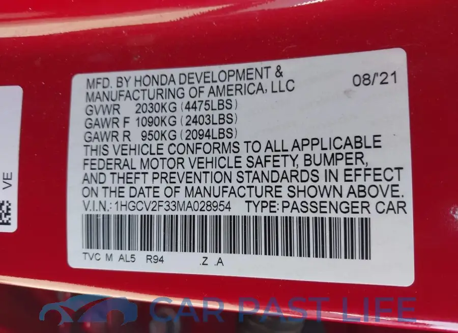 1HGCV2F33MA028954# 9