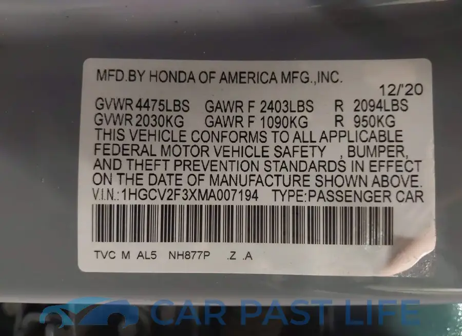 1HGCV2F3XMA007194# 9