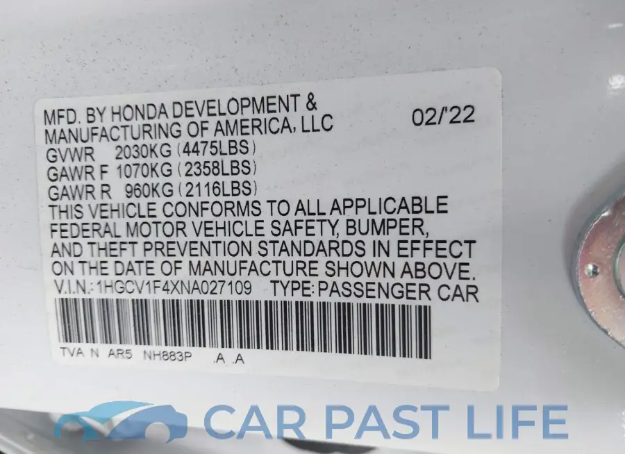 1HGCV1F4XNA027109# 9