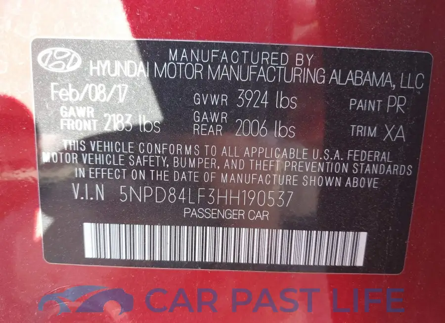 5NPD84LF3HH190537# 9