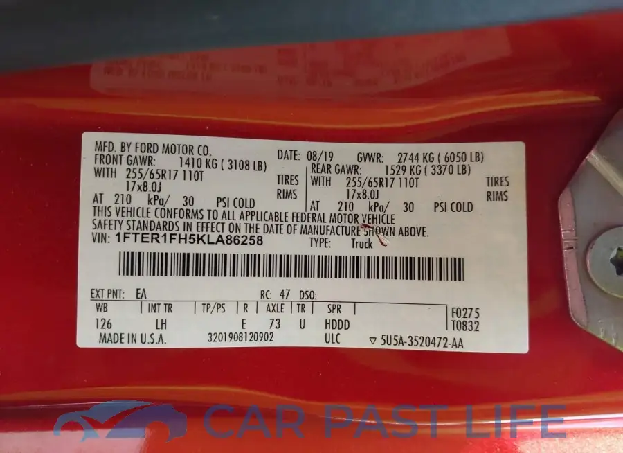 1FTER1FH5KLA86258# 9