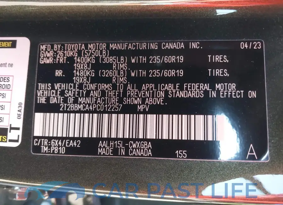 2T2BBMCA4PC012257# 9