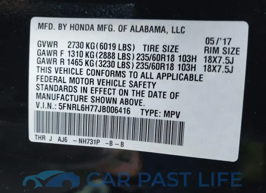 5FNRL6H77JB006416# 9
