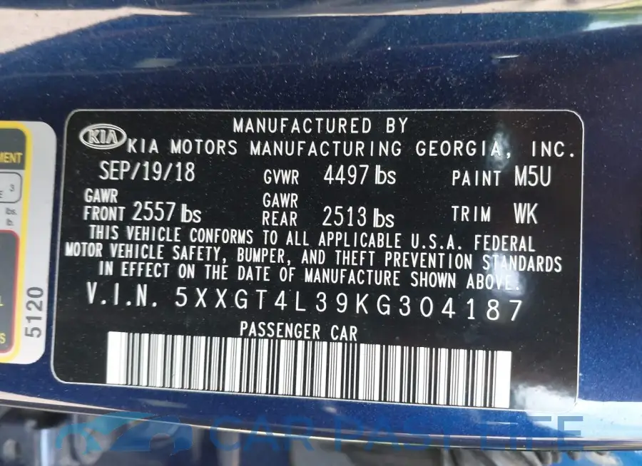 5XXGT4L39KG304187# 9
