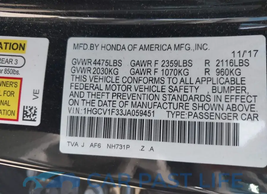 1HGCV1F33JA059451# 9