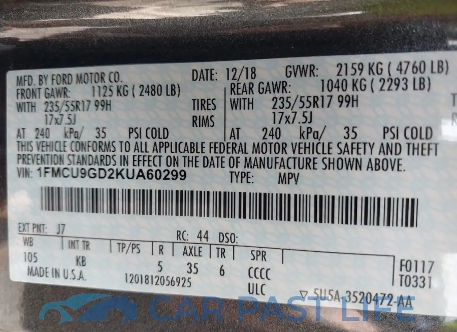 1FMCU9GD2KUA60299# 9