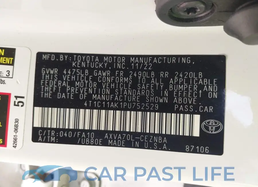 4T1C11AK1PU752529# 9