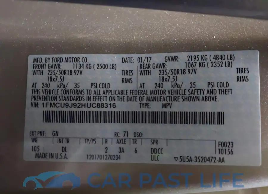 1FMCU9J92HUC88316# 9