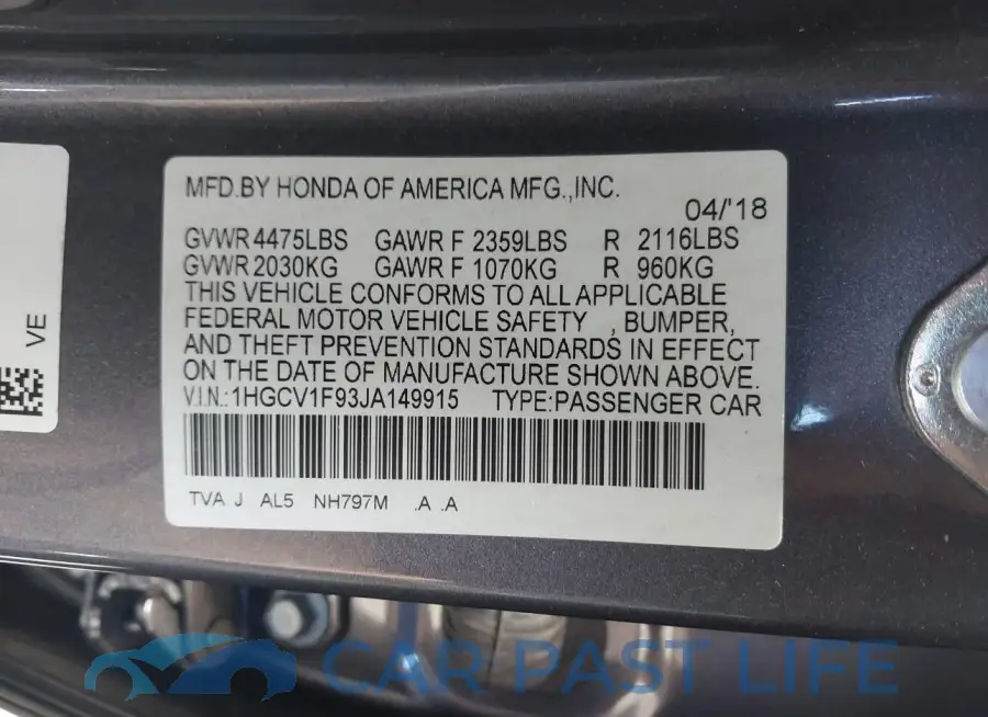 1HGCV1F93JA149915# 9