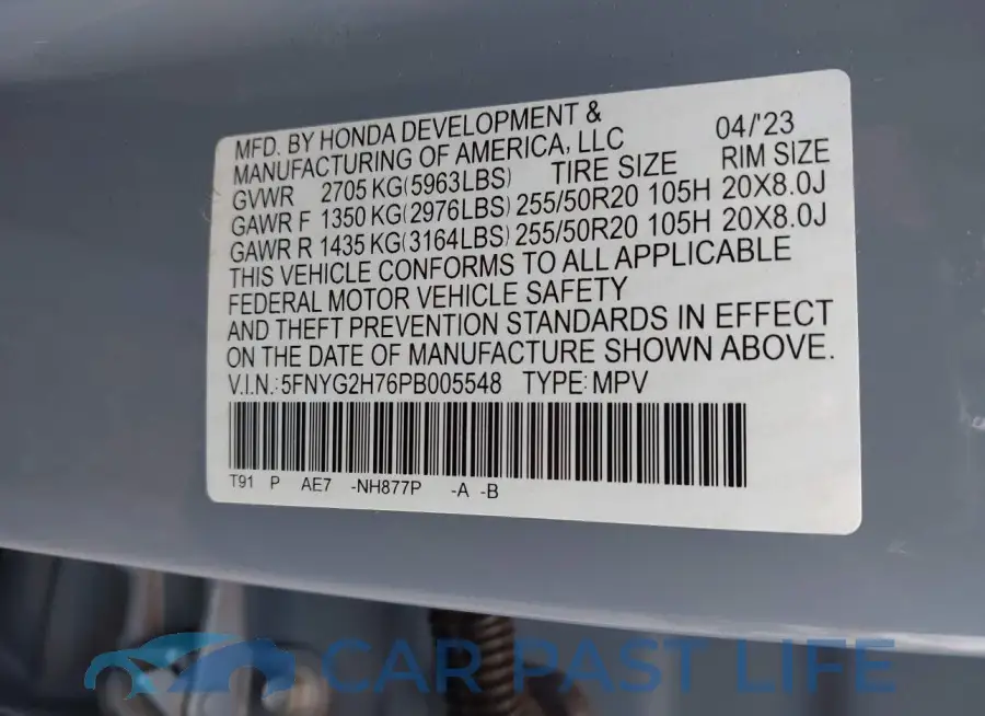 5FNYG2H76PB005548# 9