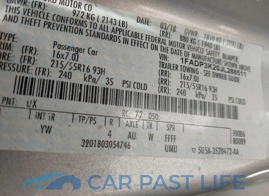 1FADP3K20JL288511# 9