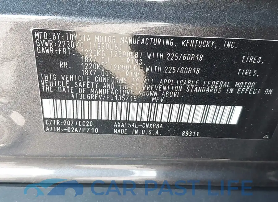 4T3E6RFV7PU135719# 9