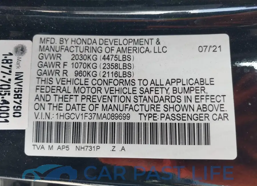 1HGCV1F37MA089699# 9