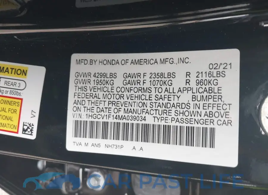 1HGCV1F14MA039034# 9
