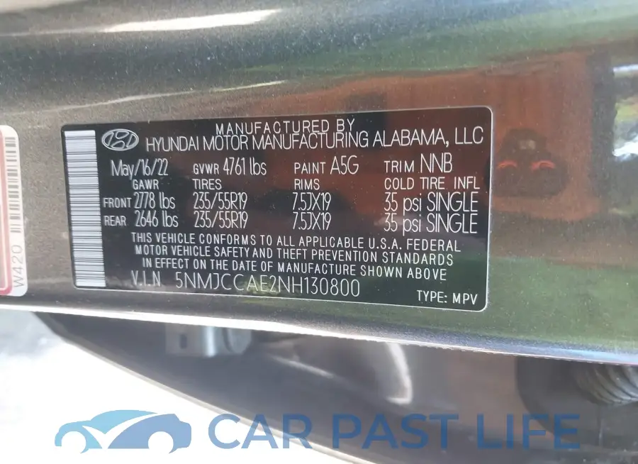 5NMJCCAE2NH130800# 9