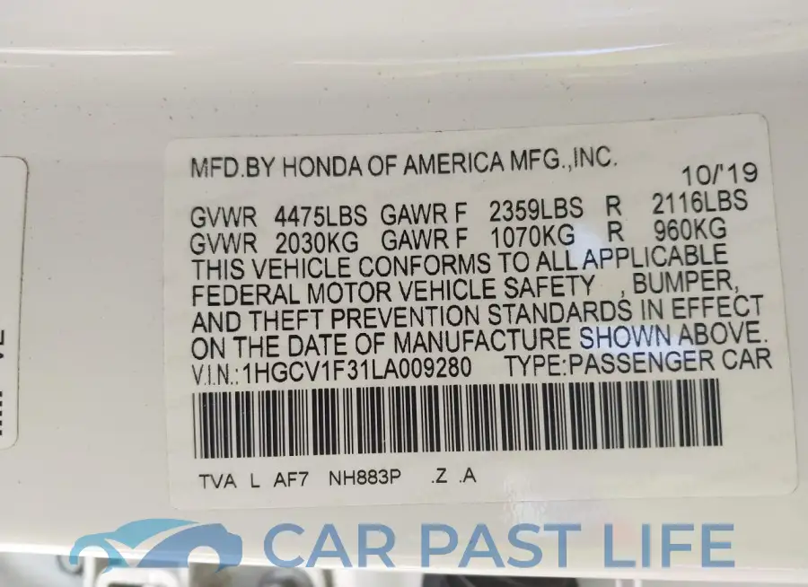 1HGCV1F31LA009280# 9