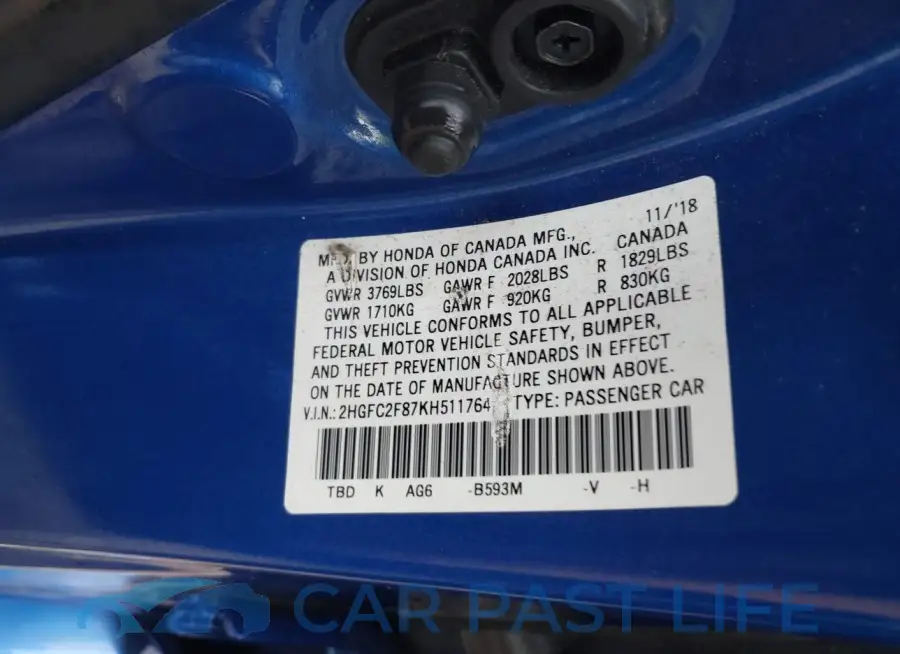 2HGFC2F87KH511764# 9