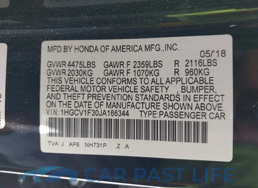 1HGCV1F30JA166344# 9