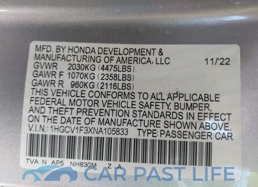 1HGCV1F3XNA105833# 9