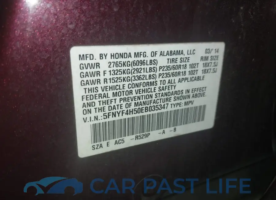 5FNYF4H50EB035347# 9