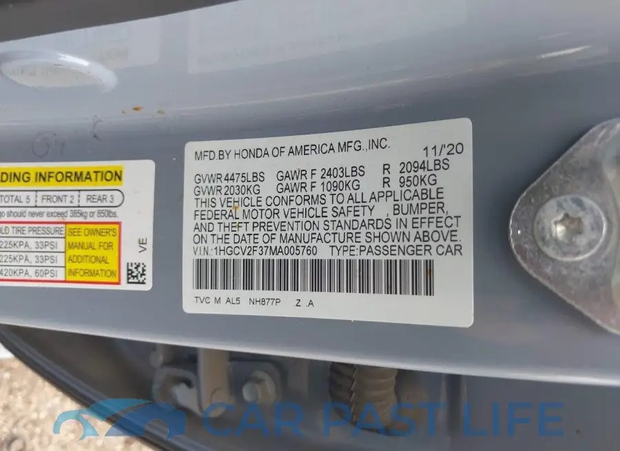 1HGCV2F37MA005760# 9