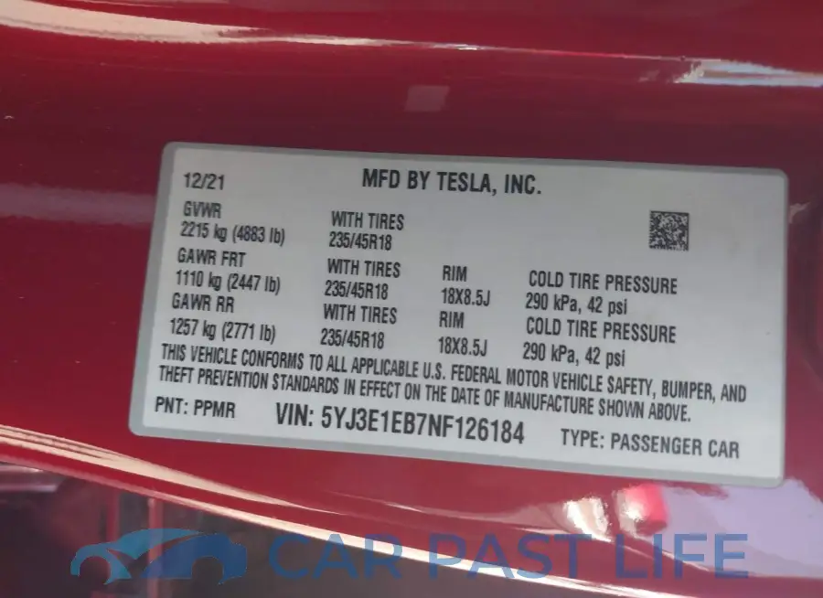 5YJ3E1EB7NF126184# 9