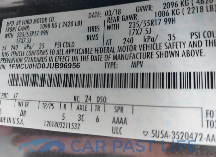 1FMCU0HD0JUB96956# 9