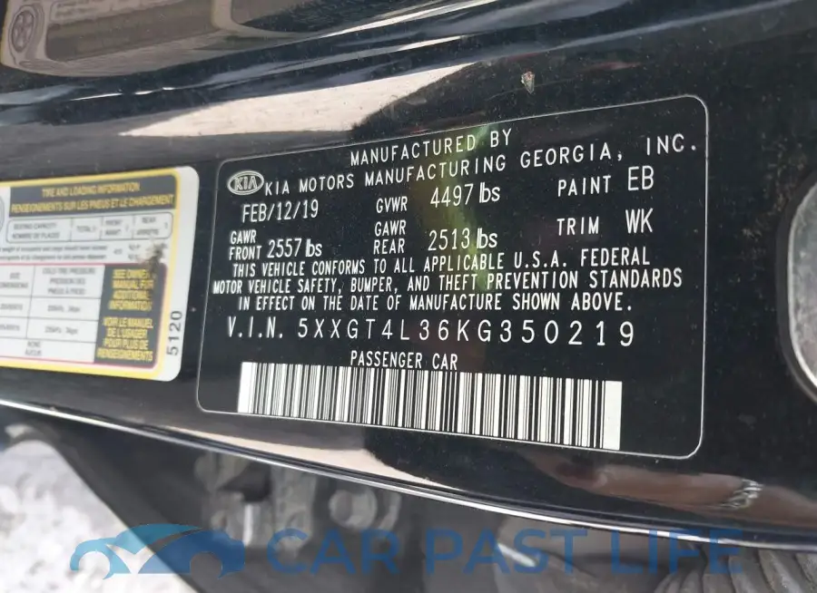 5XXGT4L36KG350219# 9