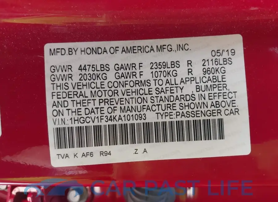 1HGCV1F34KA101093# 9