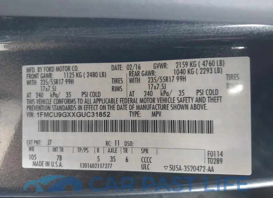 1FMCU9GXXGUC31852# 9