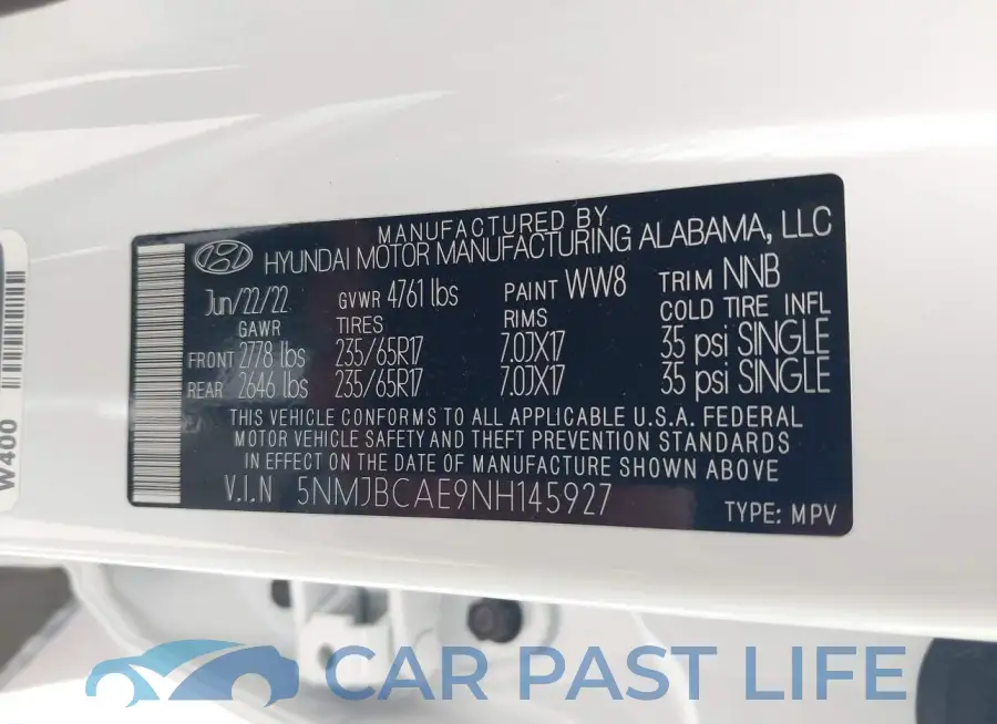 5NMJBCAE9NH145927# 9