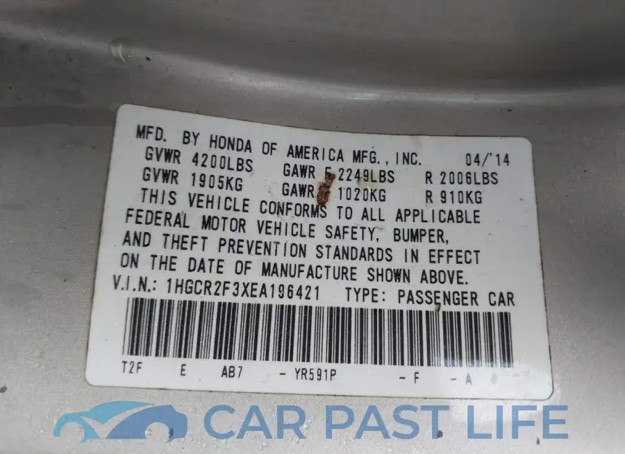 1HGCR2F3XEA196421# 9