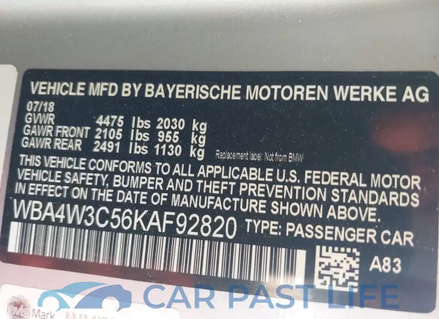 WBA4W3C56KAF92820# 9