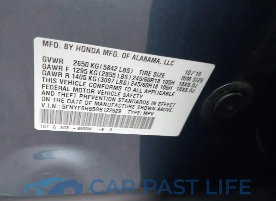 5FNYF6H55GB122529# 9