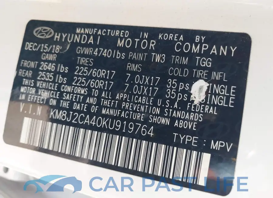 KM8J2CA40KU919764# 9