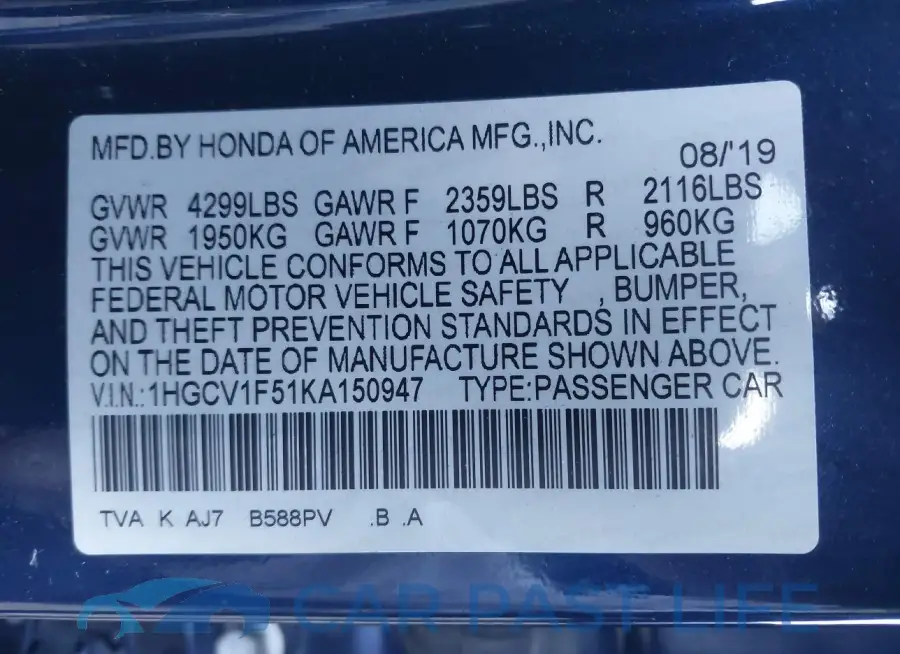 1HGCV1F51KA150947# 9