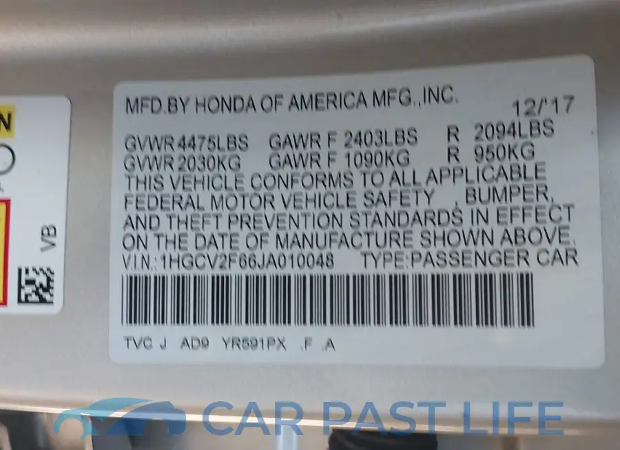 1HGCV2F66JA010048# 9