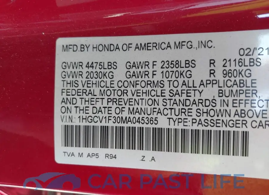 1HGCV1F30MA045365# 9
