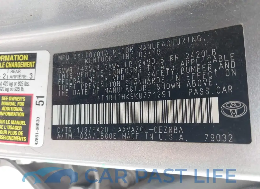 4T1B11HK9KU771291# 9