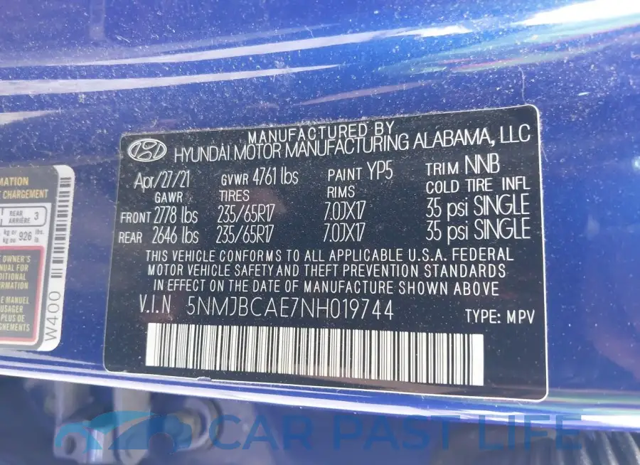 5NMJBCAE7NH019744# 9