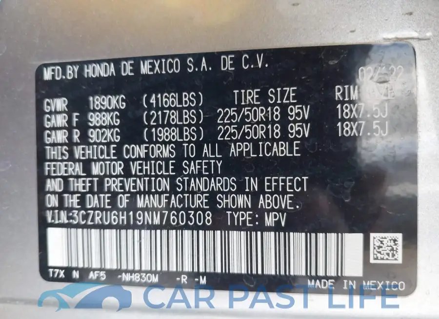 3CZRU6H19NM760308# 9