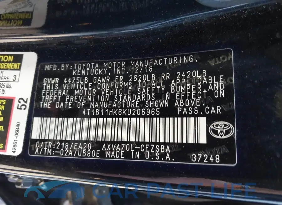 4T1B11HK6KU206965# 9