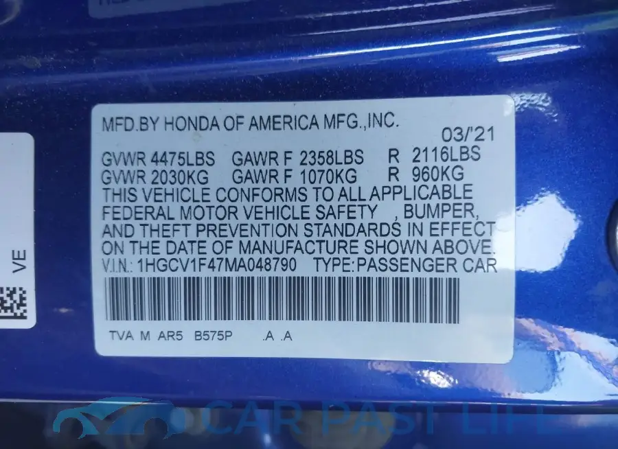 1HGCV1F47MA048790# 9