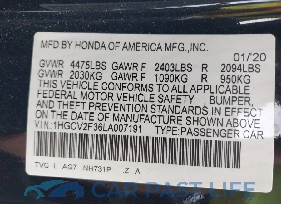 1HGCV2F36LA007191# 9