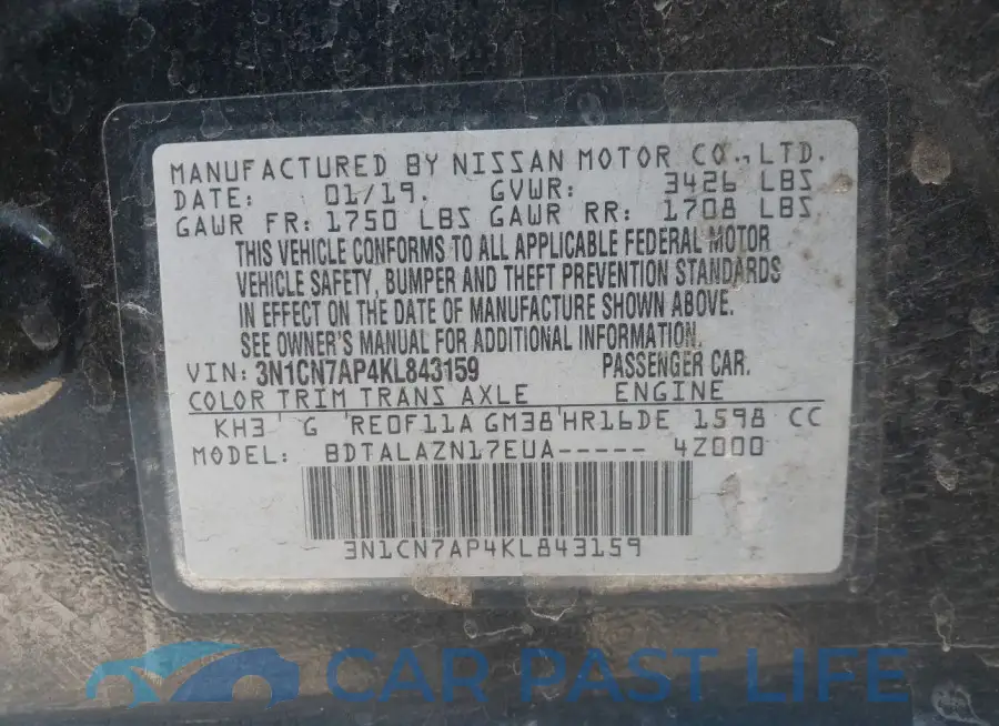 3N1CN7AP4KL843159# 9