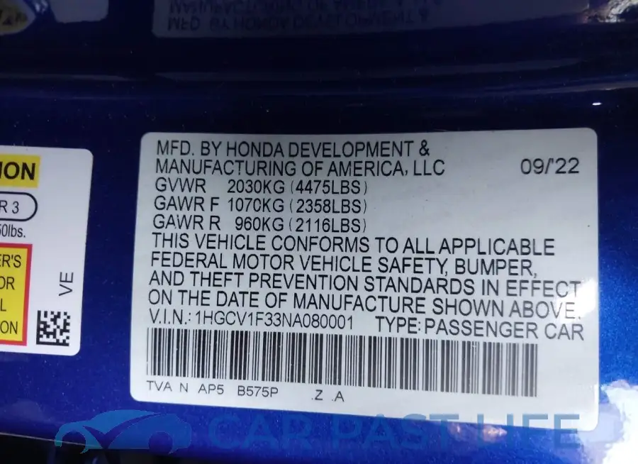 1HGCV1F33NA080001# 9