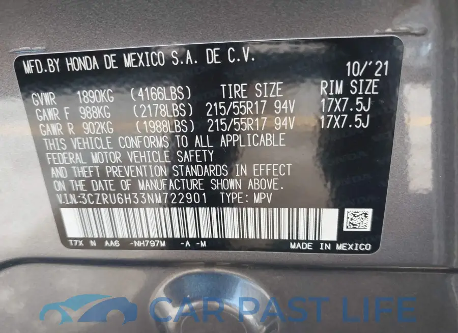 3CZRU6H33NM722901# 9