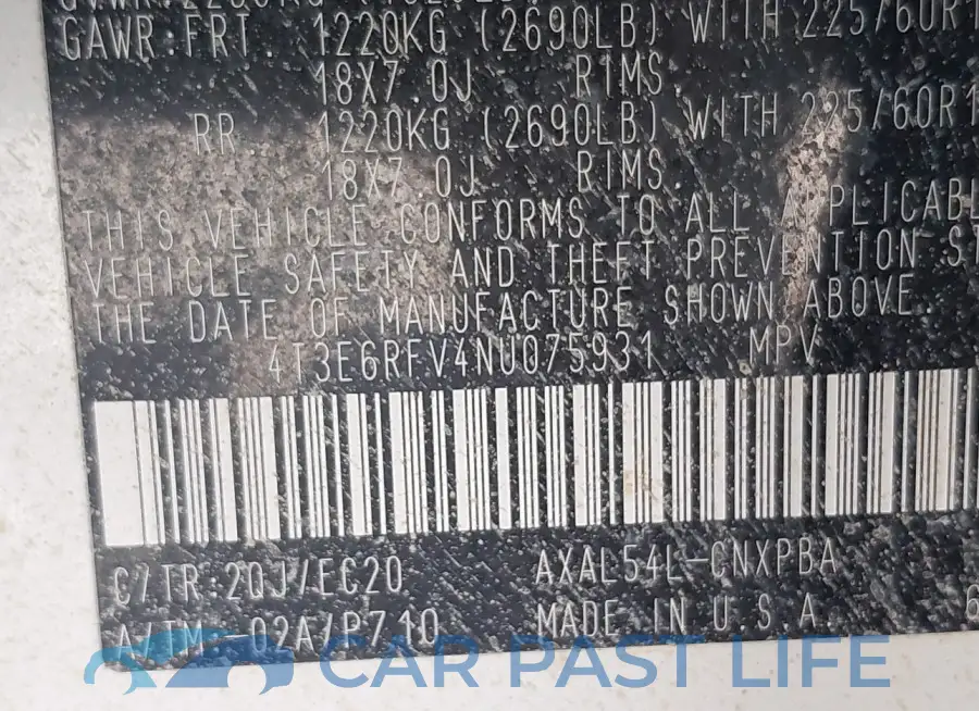 4T3E6RFV4NU075931# 9