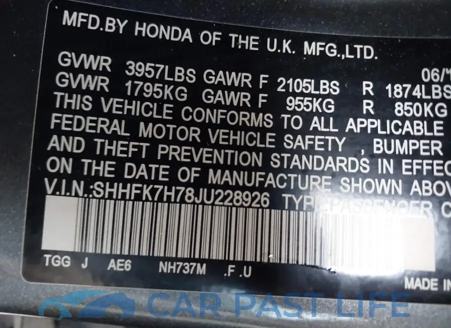 SHHFK7H78JU228926# 9